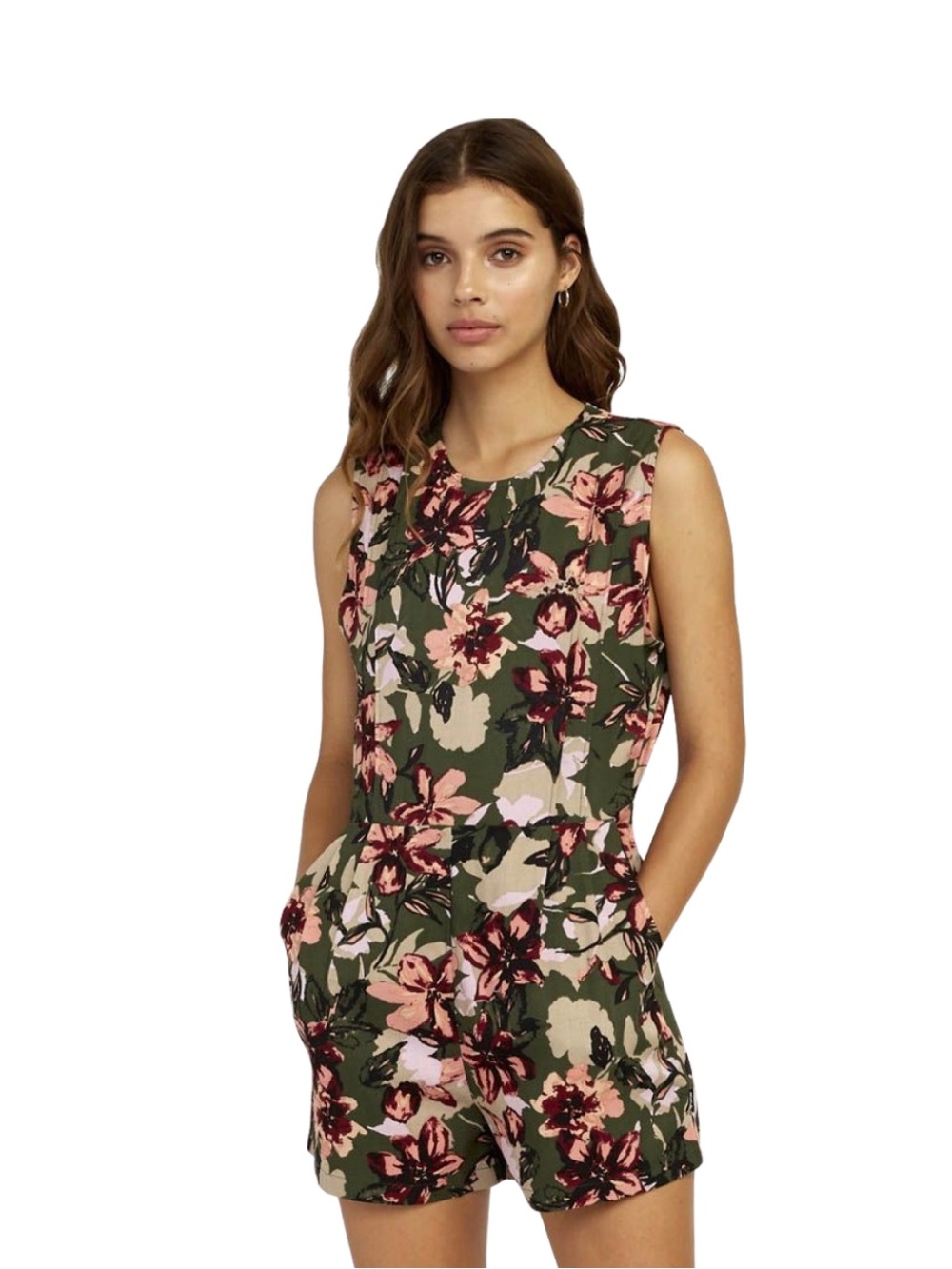 RVCA Green Floral Print Sleeveless Romper with Pockets & Back Keyhole